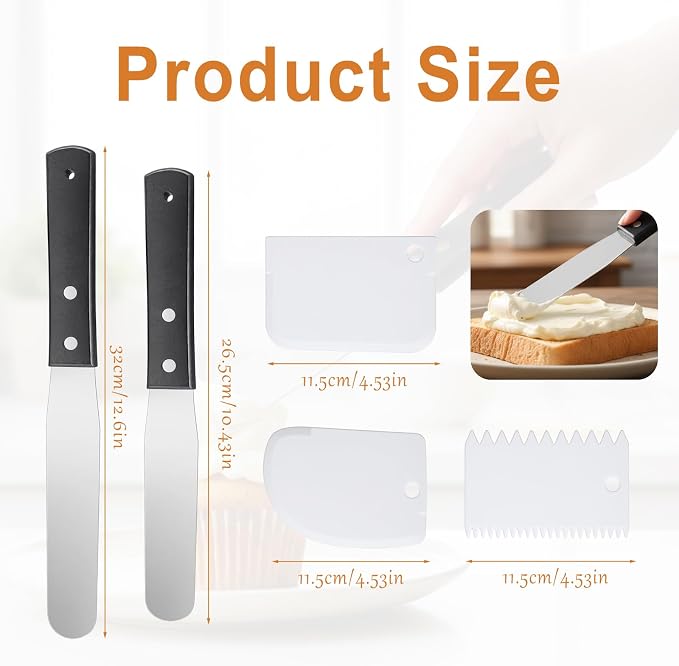 2 Offset Spatula and 3 Icing Smoother Scrapers Set Thickened Frosting Knife Stainless Steel Cake Decorating Kit Baking Accessories