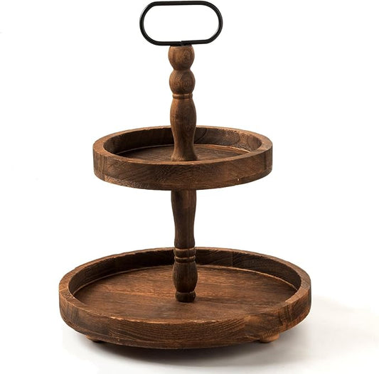 Farmhouse 2 Tiered Tray Stand for Home Decor, Wooden Serving Tiered Tray for Coffee Bar Table Centerpiece, Decorative Trays Kit for Countryside, Round Rustic Stand for Cake Cupcake (Deep Brown)