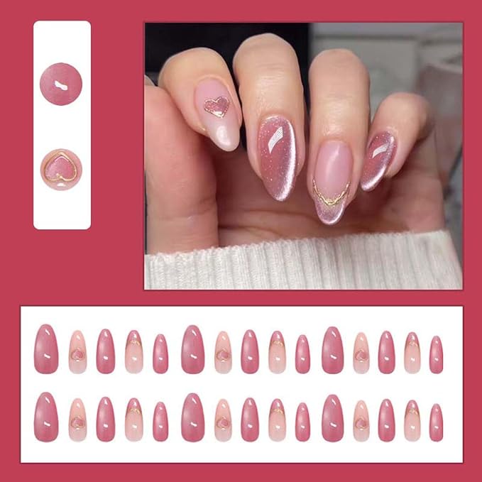 30Pcs Red Press on Nails Short Almond ZWENJIE Cat Eye Fake Nails Press ons Nail Tips Stick on Nails Glossy Acrylic Nails Kit French False Nails with Bow Design Nail Art for Women Glitter Manicure