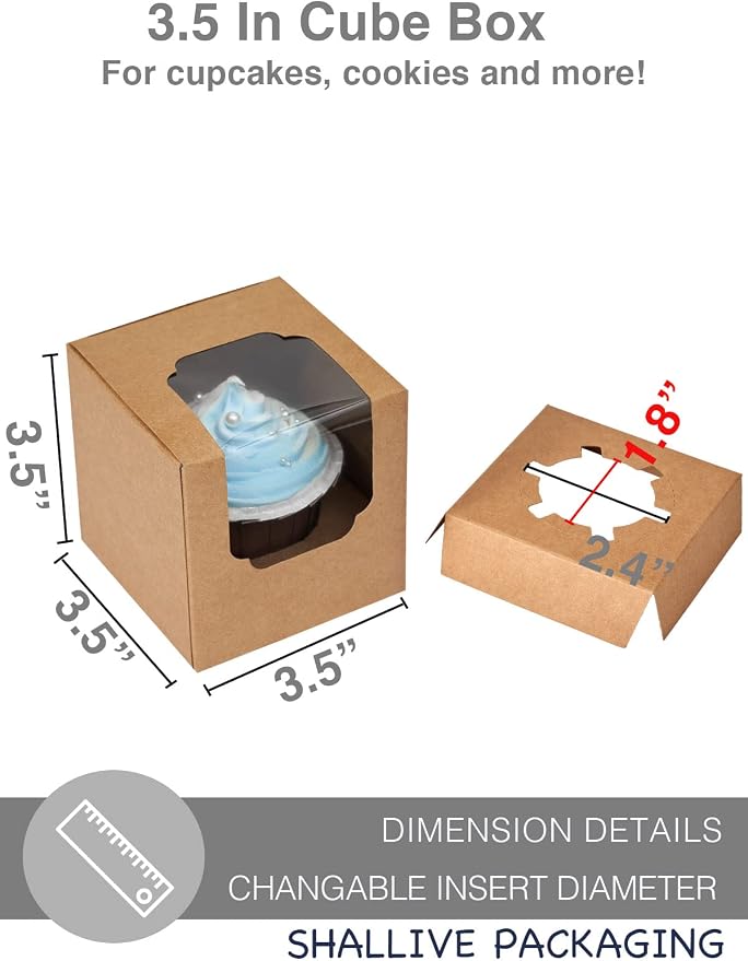 Kraft Cupcake Boxes Individual 60 Pcs with Inserts, Cocoa Bomb Packaing Single Brown Cupcake Containers Paper 3.5" Holders for Cookies, Pastries,Wedding Baby Shower Birthday Graduation