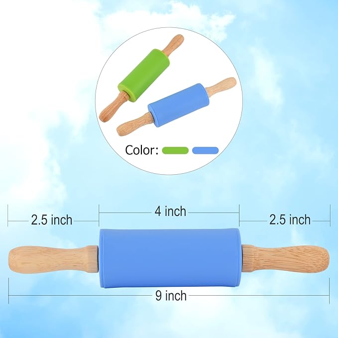 Mini Silicone Rolling Pin for Kids, Non-stick Surface Wood Handle, 9 Inch 1 Pack Green