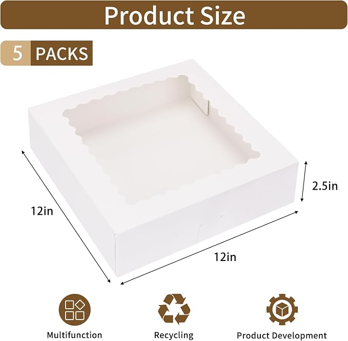 Moretoes 5pcs Pie Boxes, 12x12x2.5 White Bakery Boxes, Auto-Popup Cookie Boxes for Pies, Dessert Boxes Treat Boxes for Pizza, Strawberries, Chocolate, Pastries, Donuts, Graduation Celebration