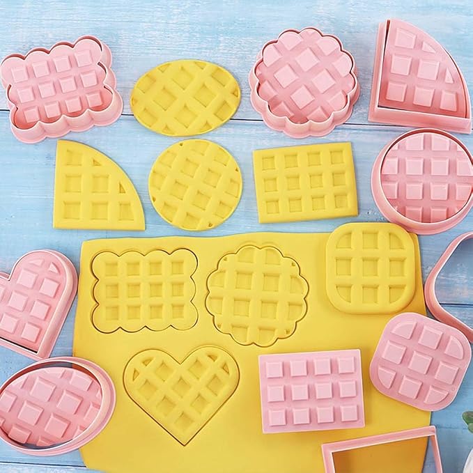 Mini Waffles Round Cookie Cutters, 8pcs 3d Classic Raised Design Cookie Stamps, Triangle, Rectangle, Square, Heart, Oval, Mini Pie Cookie Molds, Circle Cookie Cutter Set for DIY Baking (Waffles)