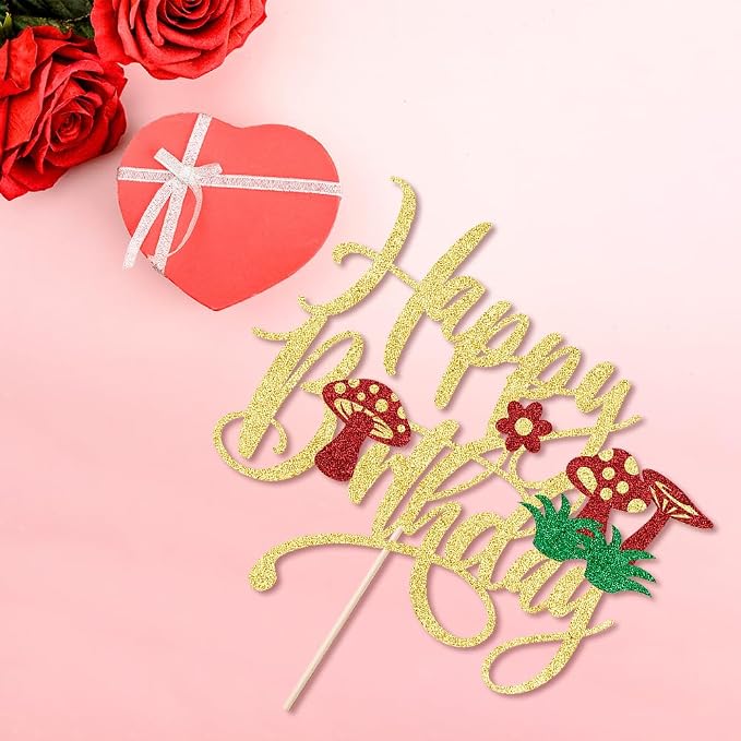 Mushroom Cake Topper- Glitter Mushroom Birthday Cake Toppers,Mushrooms and flowers in spring,Baby Shower Boy Girl Birthday Party Decoration Supplies
