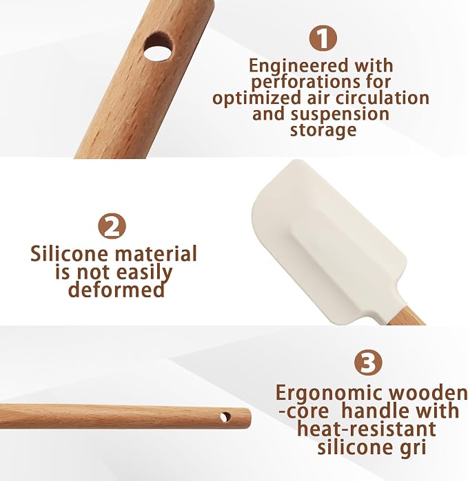 Uenhoy 5 Pack Silicone Spatula Set, Non-stick Wooden Handle Rubber Spatulas for Baking Cooking Frosting, 600°F Heat Resistant, Off White