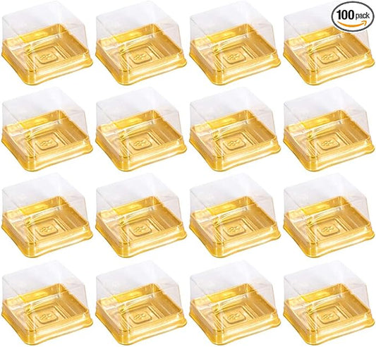 DOITOOL 100Pack Plastic Single Individual Cupcake Muffin Dome Holders, Moon Cake Box Stand, Mooncake Packaging Box with Covers, Cookies Muffins Dome Box Transparent Dessert Boxes- Golden ( 5. 7x5.