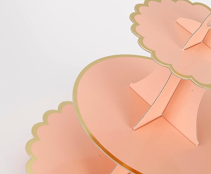 YLDW Cupcake Stand with Lace Trim, 3-Tier Cupcake Stand Display, Cardboard Cup Cake Tower Stand, Disposable Dessert Stand for Birthday Tea Party Baby Shower Treat Decorations, Orange Pink