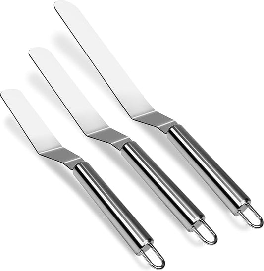 3 Pcs Offset Spatula Set with 6", 8" & 10" Blade, Stainless Steel Icing Spatula Cake Decorating Tools Frosting Smoother for Cake Decorating, Baking