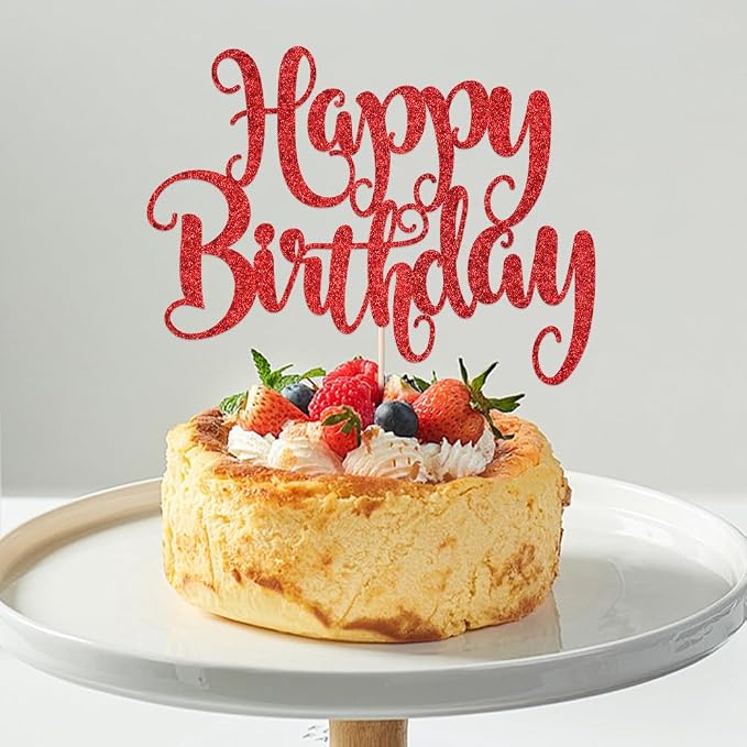 Happy Birthday Cake Topper- Glitter Happy Birthday Cake Decor, Handmade Anniversary/Birthday Party Supplies (Red)
