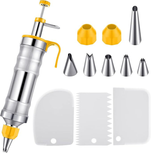 Patelai Cake Decorating Syringe Set, Stainless Steels Dessert Frosting Piping Kit with 6 Icing Piping Tips 3 Cream Scraper for Cupcake Decorating Tools(Yellow, White)