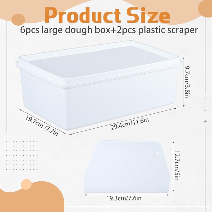 6-pack Dough Pizza Proofing Box Set-4.5l White Food Storage Containers with Lids + 2 Large Plastic Dough Scrapers-food Prep Set