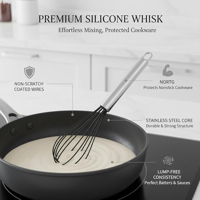 Multipurpose Silicone Whisk for Batters, Sauces & Eggs - Non-Scratch Coated Wires with Stainless Steel Core, 13 Inch Kitchen Tool