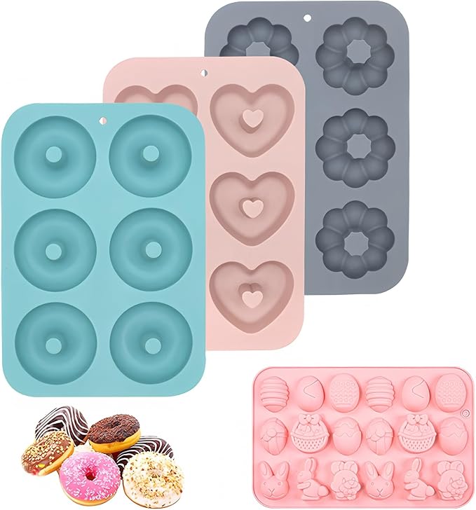 3PCS Silicone Donut Molds + 1PCS Rabbit Gummie Molds, Non-Stick Baking Doughnut Pan Tray for Pumpkin Pancake, Cake, Muffin, Cupcake
