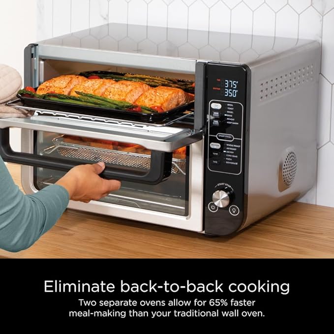 Ninja DCT401 12-in-1 Double Oven with FlexDoor, FlavorSeal & Smart Finish, Rapid Top Convection and Air Fry Bottom, Bake, Roast, Toast, Air Fry, Pizza and More, Stainless Steel (Renewed)