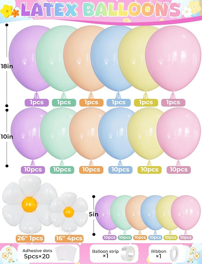 Daisy Balloon Arch Garland Kit - 131 Pcs Pastel Rainbow balloon arch kit with Daisy Balloons, for Birthday Party, Baby Shower, Flower Themed Party Decorations