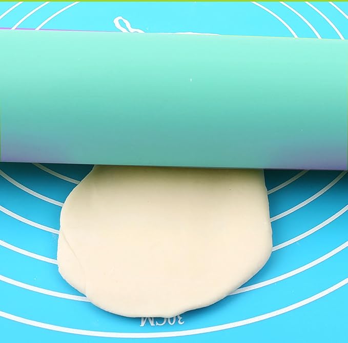 Silicone Rolling Pin, 9 Inch Green Rolling Pin with Wooden Handle for Kneading the Dough of Cookie, Baking Bread, Pizza and Noodles (Blue, 11.4 inch)