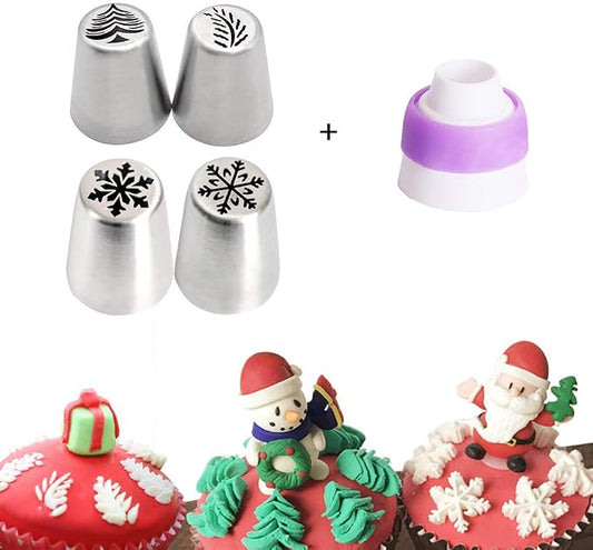 5 PCS Christmas Pastry Icing Piping Nozzles,Special Stainless Steel Russian Piping Tips Set,Cake Decorating Tools(1 Christmas Tree,2 Snowflake 1 Leaf Tips and 1 Single Color Coupler)