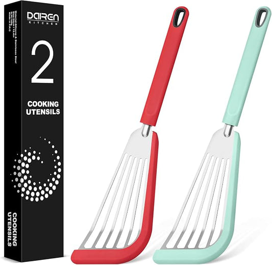 Fish Spatula Turner, Thin Slotted Spatulas for Nonstick Cookware,Silicone Edge Heat Resistant Kitchen Flipper for Fish, Egg, Pancake(Stainless Steel, 2Pack)