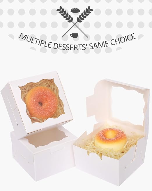 qiqee Bakery Box with Window 4x4x2.5 4*4*2.5inch/100Packs White Macaron Boxes Small Donut Pastry Boxes for Party Mini Cookie Boxes(5 Diferent Gift Include)