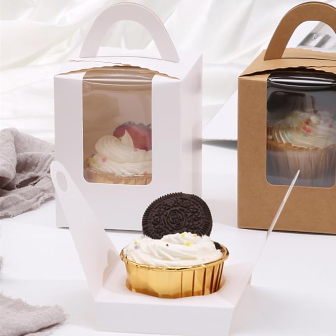 100 Pack Single Cupcake Boxes with Window, White Individual Cupcake Containers with Handle, 3.7x3.7x4.5 Inch Kraft Paper Favor Bakery Container for Small Cake, Muffins, Birthday, Wedding