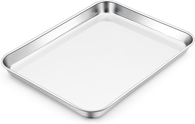 E-far Small Baking Sheet, 10.5”x8.3” Stainless Steel Toaster Oven Tray, Compact Non-toxic Metal Baking Pan for Cookie & Cake, Healthy & Rust Free, Mirror Finish & Dishwasher Safe, 1 Pack