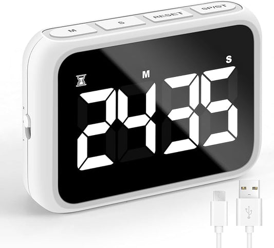 USB Rechargeable Loud Digital Kitchen Timer with Large LCD Display & Adjustable Loud Alarm - Ideal Magnetic Timer for Desk or Kitchen