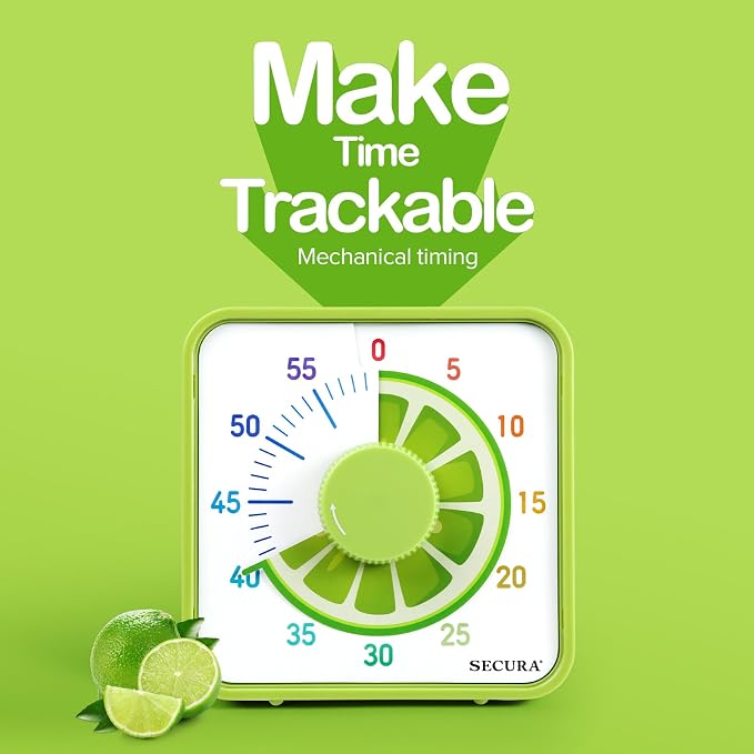 Secura 7.5-Inch Fruit Visual Timer for Kids, 60-Minute Countdown Timer for Classroom or Kitchen, Durable Mechanical Timer Clock with Magnetic Backing (Lemon)