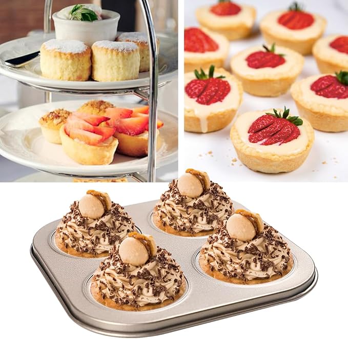 4-Hole Muffin Pan, Bakeware Non-stick Cupcake Baking Pan Mini Pie Pans, Heavy Duty Carbon Steel Muffin Tray Standard Baking Mold Pan for Oven Bakings (COLOR:Gold, 1pc)