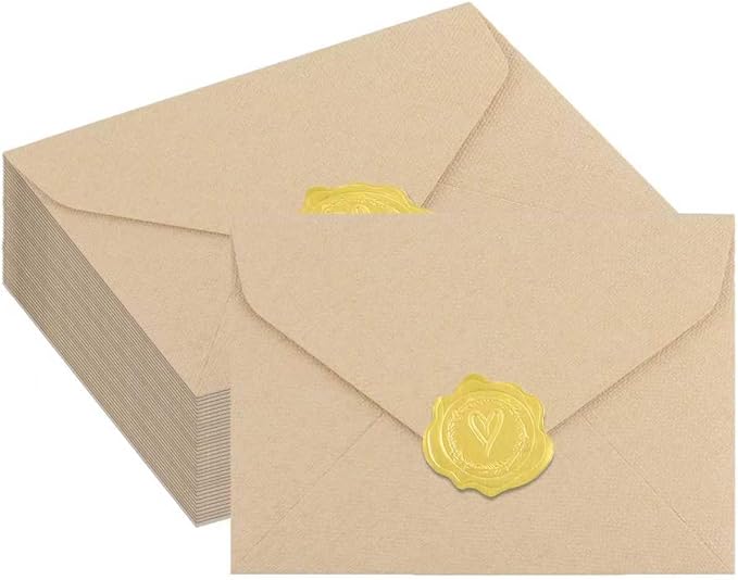 50 Pack 4x6 Khaki Linen Envelopes with Gold Wax Seals - Handmade Look A6 Vintage Envelopes & Self-Adhesive Seal Stickers for Greeting Cards, love letter, Wedding, Party Invitation