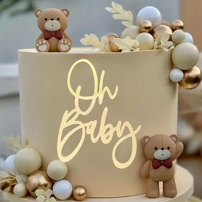 Oh Baby Cake Topper, Gold Acrylic Cake Toppers for Baby Shower, Gender Reveal Party Decorations, Photo Booth Props