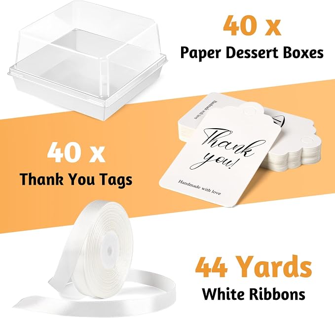 ZORRITA Paper Cake Boxes with Clear Lids, 7" x 7" x 4", 40 Pack, White | Disposable, Square Food Containers, For 4-6 Inch Cake, Dessert, Pie, Cupcake, Bakery, Charcuterie