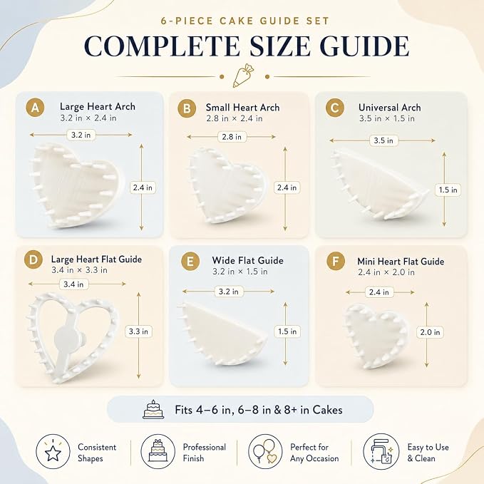 6 PCS Cake Arch Guide Tool Set for Vintage & Lambeth Cake Decorating | Multiple Size Cake Piping Heart & Arc Swag Marker Tool for 6"-12", Buttercream & Fondant Decorating Guide