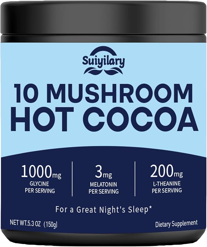 Suiyilary 10 Mushroom Hot Cocoa, 3mg Melatonin Sleep Supplement, Sugar Free Keto Cocoa Powder, Nighttime Drink, 1000mg Glycine, 200mg L-Theanine, Help Fall Asleep and Stay Asleep, 15 Servings