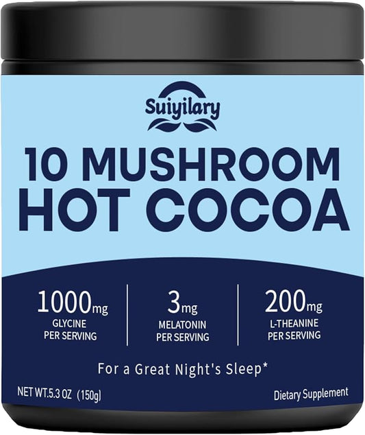 Suiyilary 10 Mushroom Hot Cocoa, 3mg Melatonin Sleep Supplement, Sugar Free Keto Cocoa Powder, Nighttime Drink, 1000mg Glycine, 200mg L-Theanine, Help Fall Asleep and Stay Asleep, 15 Servings
