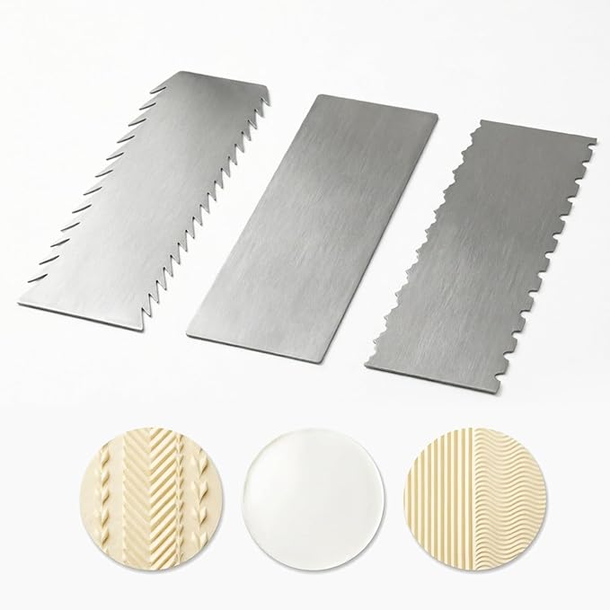 3 Pcs Stainless Steel Cake Scraper Set, 8.7 Inch Chevron Fir-Tree, Double-Sided Stripe & Wave, Smooth Edge Icing Smoother for Buttercream Cake Decorating