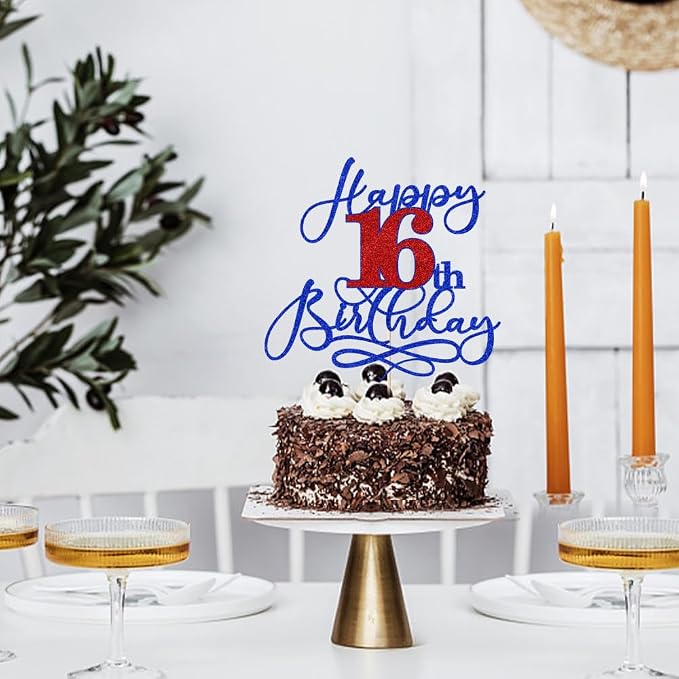 Happy 16th Birthday Cake Topper,Deep blue font red Numbers 16th Birthday Cake Decoration,Hello 16, Cheers to 16 Years/16th Anniversary,16& Fabulous Party Decoration