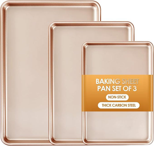 Baking Sheet Pan Set of 3, Nonstick Commercial Cookie Sheets for Baking | Half/Quarter/Jelly Roll Pans Replacement Toaster Oven Tray, Heavy Duty & Easy Clean, Rose Gold