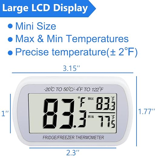 Refrigerator Thermometer Digital Fridge Freezer Room Thermometer Waterproof Large LCD Display Max/Min Record Function White (12)