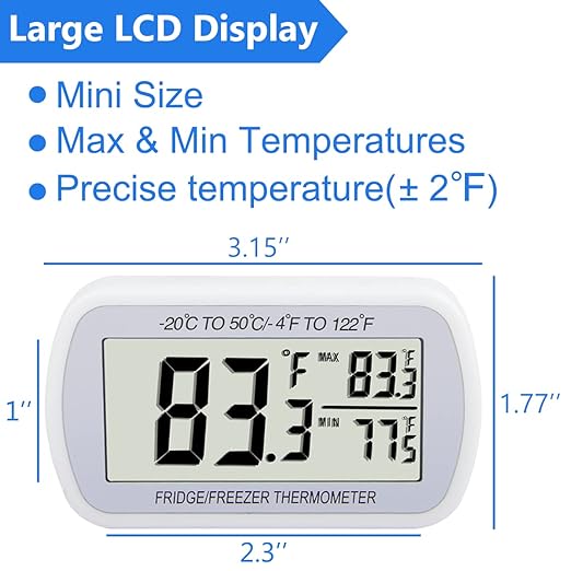 Refrigerator Thermometer Digital Fridge Freeze Room Thermometer Waterproof Large LCD Display Max/Min Record Function, White