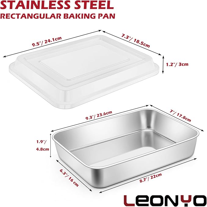 Leonyo 2 Pcs Lasagna Pan with Lid, 9.3 x 7 x 2 Inch Cake Pan Baking Sheets | For Baking Commercial Kitchen, Focaccia Bread, Casserole Dish