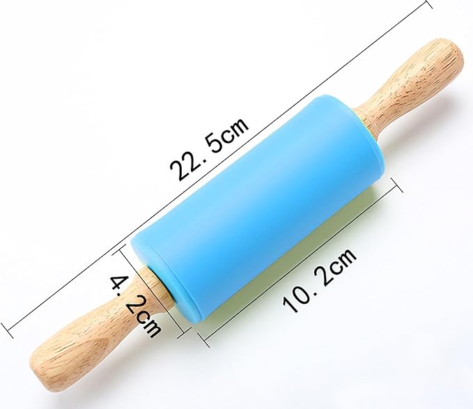 Silicone Rolling Pin, Blue 9 Inch Pin with Wooden Rotatable Handle for Dough of Baking Bread, Cookie, Pizza (blue, 9 inch)