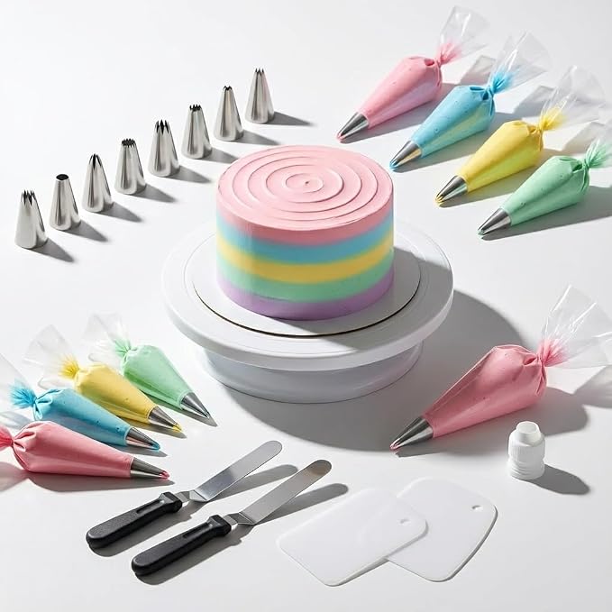 Cake Decorating Kit with Cake Turntable, 69-Piece Baking Supplies Set Including 12 Piping Tips, 50 Piping Bags, 3 Cake Scrapers, 2 Frosting Spatulas and Coupler, Easy Cake Decorating for Beginners