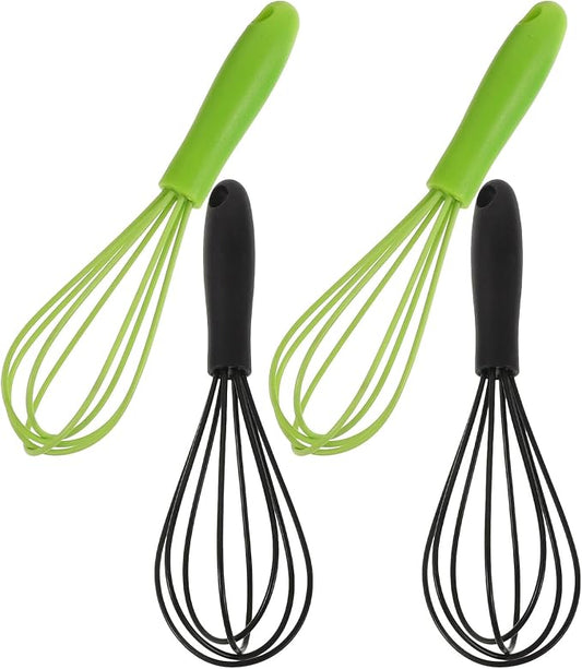 Milisten 4pcs Mini Silicone Coated Stainless Steel Whisks 6-inch Manual Egg Beater Hand Mixer for Baking Cooking Kitchen with Black and Green Handles
