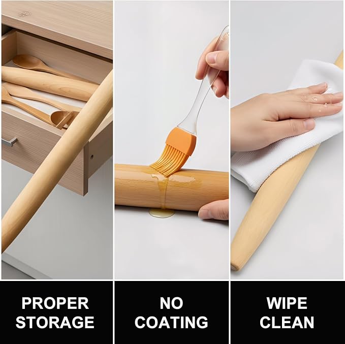 Rolling Pin and Silicone Baking Mat Set, Non-Stick Beech Wood Rolling Pin 15.7 Inch and Pastry Mat(40cm*60cm) for Best Pie Crust, Cookie, Pasta and Pizza Dough