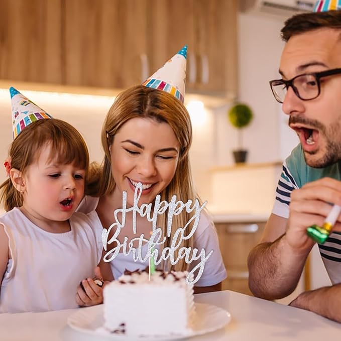 LVEUD Glitter Happy Birthday Cake Topper, Cake Decoration Suitable For Party Decoration - Silver
