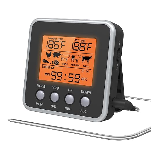 Digital Meat Thermometer for Oven, Food Thermometer with Large LCD, Backlight, Kitchen Timer, Temperature/Time Alarm for Smoker, BBQ, Barbecue, Cookware
