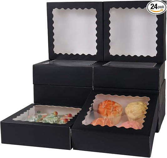 24 pcs Black Pie Boxes,12x12x3 Inch Auto-Popup Bakery Boxes with Window Donuts Chocolate Muffins Donuts Pastry Dessert Cookie Box For Packaging
