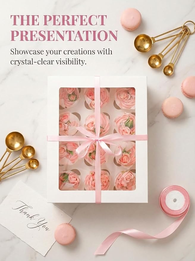 qiqee Auto-pop Up Cupcake Boxes with Window White 40PCS 12 Count Cupcake Box 13"x10"x3.5" Cupcakes Carrier, 12 Cupcake Containers with 2 rolls of pink ribbons