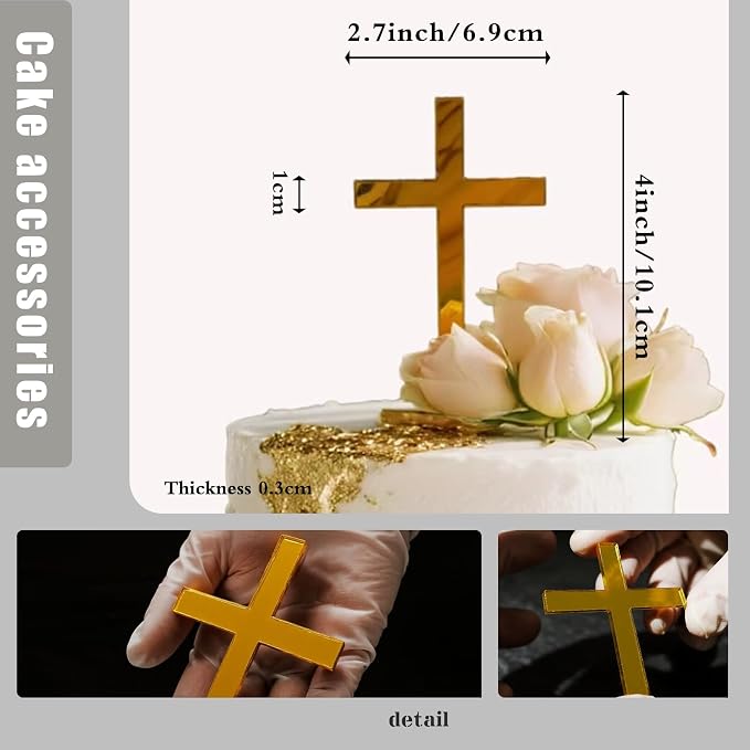 Gold Cross Cake Topper for Baptism, First Communion & Christening - Acrylic Mirror Decor - 3.94 Inch Holy Cross for Baby Shower, Wedding Cakes