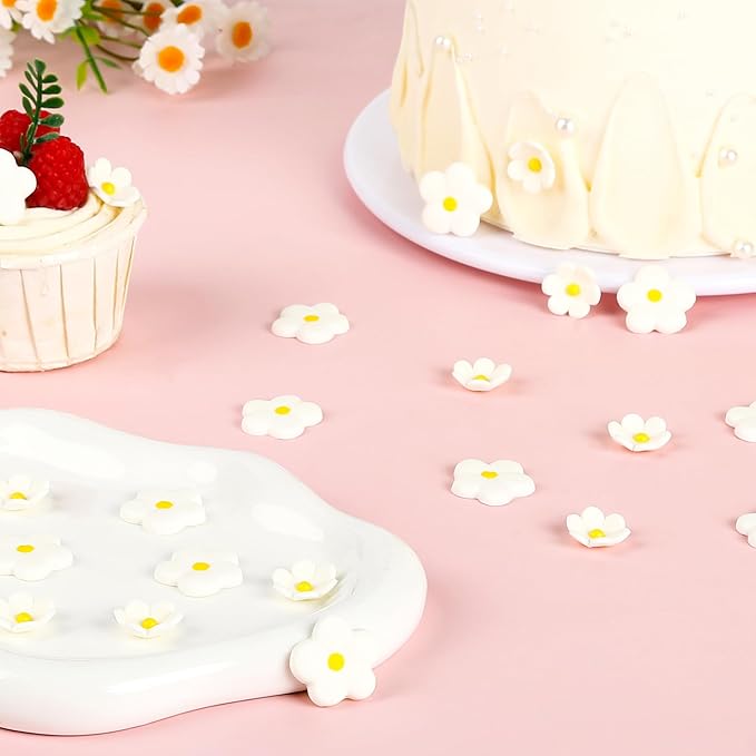 Royal Icing Flowers 32 Count Edible Mini White Blossoms Roses Daisy Sugar Flowers Cake Decorations for Baking Cupcakes Ice Cream Cookies Spring Waffles Cookies Wedding Birthday Cake Party